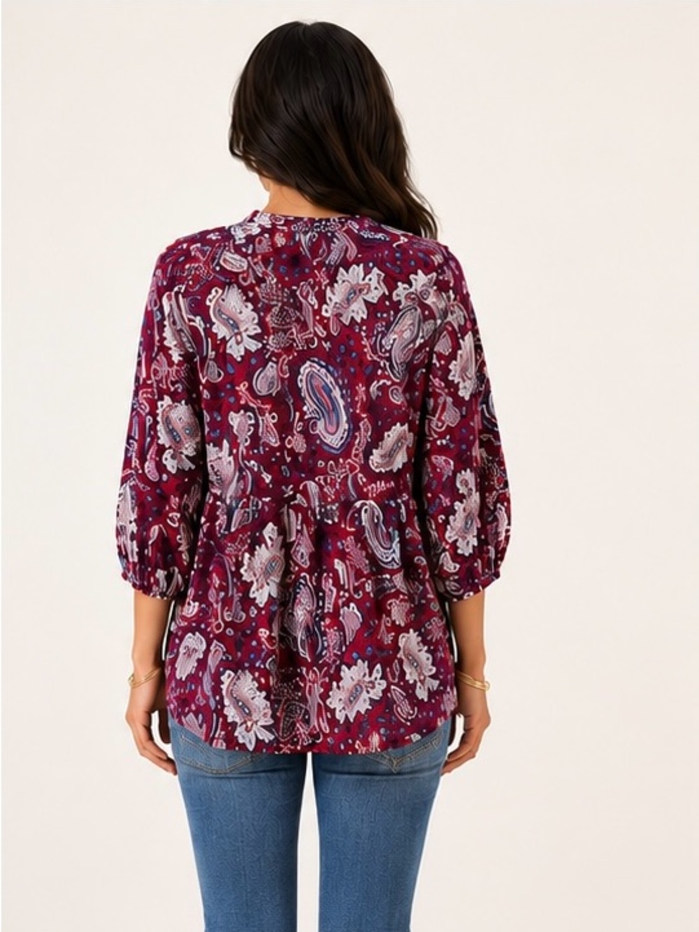 Paisley Wine Mixed Tiered 3/4  sleeve baby Doll Tunic Top - Picture 4 of 7